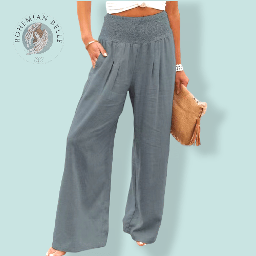 Smocked Wide Waistband High Waist Wide Leg Trousers