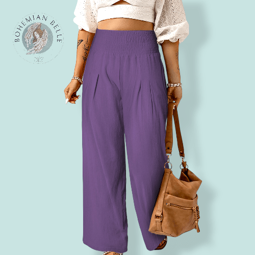 Smocked Wide Waistband High Waist Wide Leg Trousers